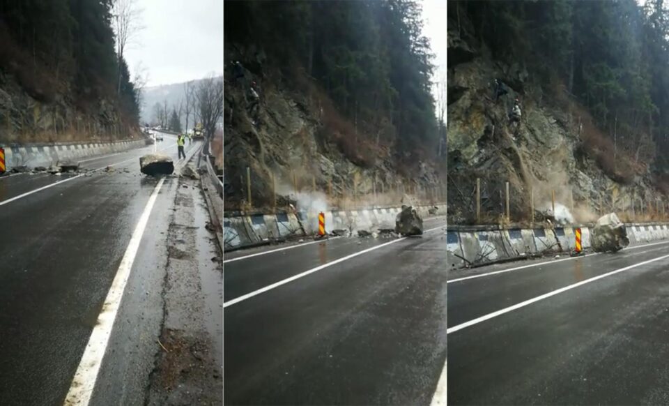 Intervenție cu alpiniști la blocuri de piatră ce pun în pericol DN 17, în apropiere de Dorna