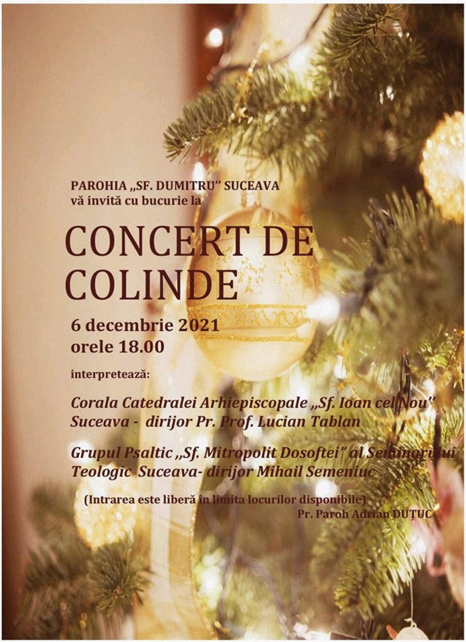 Concert de colinde, luni, la Parohia „Sf. Dumitru” din municipiul Suceava