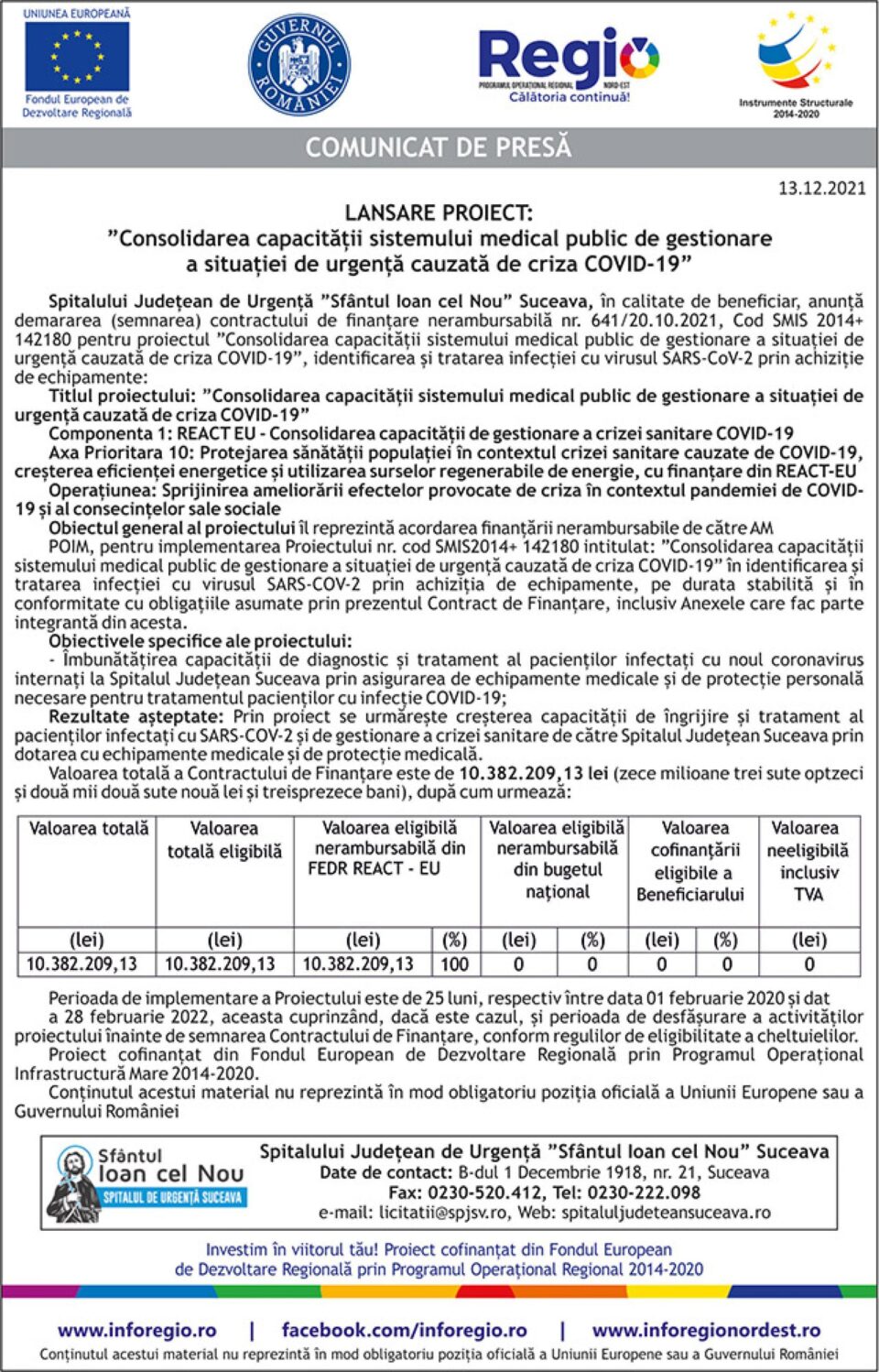 Lansare proiect: ”Consolidarea capacității sistemului medical public de gestionare a situației de urgență cauzată de criza COVID-19”