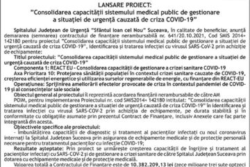 Lansare proiect: ”Consolidarea capacității sistemului medical public de gestionare a situației de urgență cauzată de criza COVID-19”