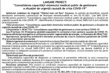 Lansare proiect: ”Consolidarea capacității sistemului medical public de gestionare a situației de urgență cauzată de criza COVID-19”