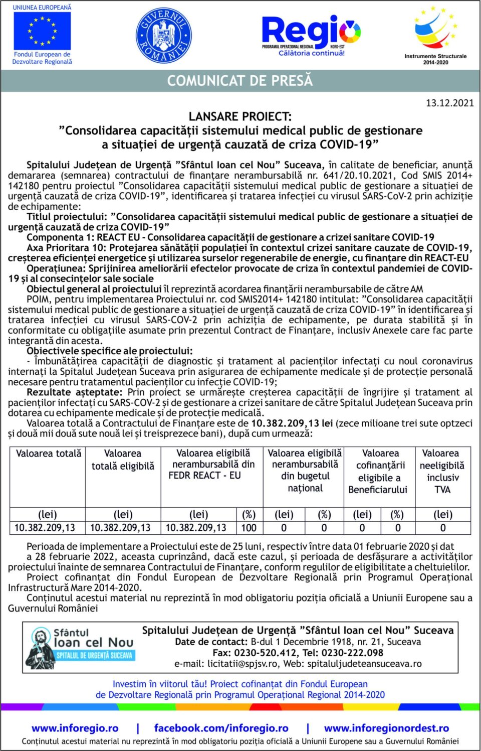 Lansare proiect: ”Consolidarea capacității sistemului medical public de gestionare a situației de urgență cauzată de criza COVID-19”
