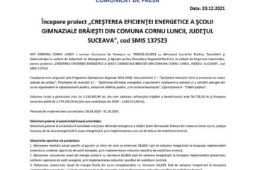 Începere proiect „CREȘTEREA EFICIENȚEI ENERGETICE A ȘCOLII GIMNAZIALE BRĂIEȘTI DIN COMUNA CORNU LUNCII, JUDEȚUL SUCEAVA", cod SMIS 137523