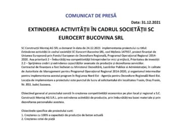 EXTINDEREA ACTIVITĂȚII ÎN CADRUL SOCIETĂȚII SC EUROCERT BUCOVINA SRL