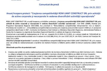 Anunț începere proiect: ”Creșterea competitivității ROM LIANT CONSTRUCT SRL prin achiziții de active corporale și necorporale în vederea diversificării activității operaționale”