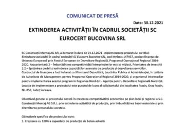 EXTINDEREA ACTIVITĂȚII ÎN CADRUL SOCIETĂȚII SC EUROCERT BUCOVINA SRL