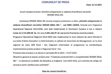 Anunt incepere proiect: Achizitie echipamente in vederea diversificarii serviciilor DESIGN IDEAL SRL