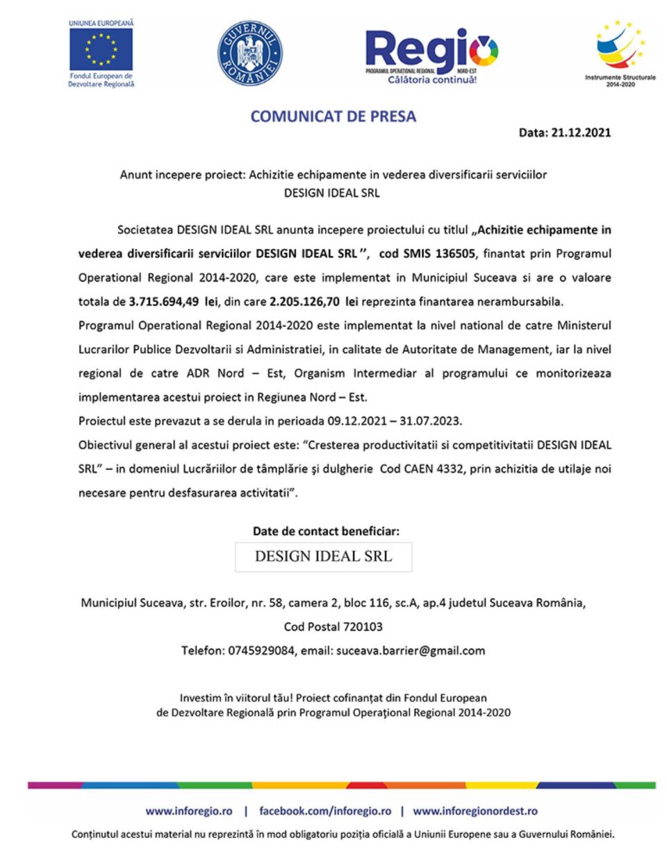 Anunt incepere proiect: Achizitie echipamente in vederea diversificarii serviciilor DESIGN IDEAL SRL Anunt incepere proiect: Achizitie echipamente in vederea diversificarii serviciilor DESIGN IDEAL SRL