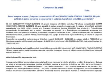 Anunț începere proiect: „Creșterea competitivității SC MAT CONSULTANTA FONDURI EUROPENE SRL prin achiziții de active corporale și necorporale în vederea diversificării activității operaționale”