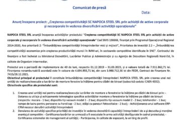 Anunț începere proiect: „Creșterea competitivității SC NAPOCA STEEL SRL prin achiziții de active corporale și necorporale în vederea diversificării activității operaționale”