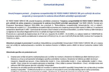 Anunț începere proiect: „Creșterea competitivității SC FOOD FAMILY SERVICE SRL prin achiziții de active corporale și necorporale în vederea diversificării activității operaționale”