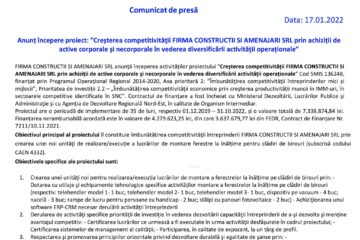 Anunț începere proiect: ”Creșterea competitivității FIRMA CONSTRUCTII SI AMENAJARI SRL prin achiziții de active corporale și necorporale în vederea diversificării activității operaționale”