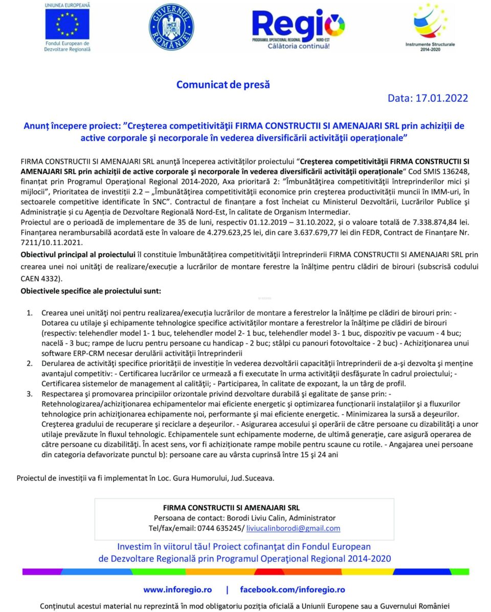 Anunț începere proiect: ”Creșterea competitivității FIRMA CONSTRUCTII SI AMENAJARI SRL prin achiziții de active corporale și necorporale în vederea diversificării activității operaționale”