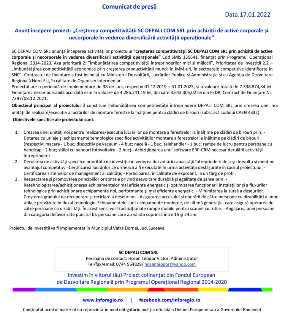 Anunț începere proiect: „Creșterea competitivității SC DEPALI COM SRL prin achiziții de active corporale și necorporale în vederea diversificării activității operaționale”