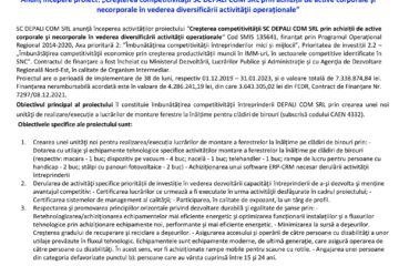 Anunț începere proiect: „Creșterea competitivității SC DEPALI COM SRL prin achiziții de active corporale și necorporale în vederea diversificării activității operaționale”