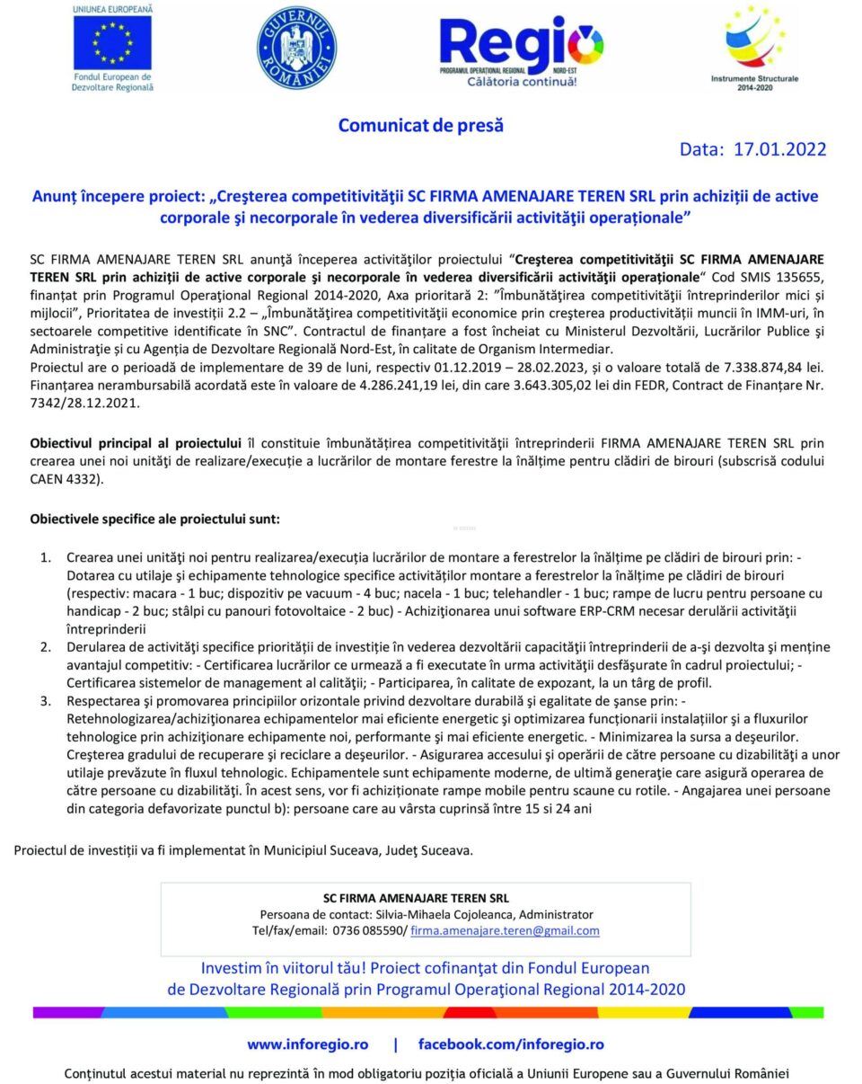 Anunț începere proiect: „Creșterea competitivității SC FIRMA AMENAJARE TEREN SRL prin achiziții de active corporale și necorporale în vederea diversificării activității operaționale”