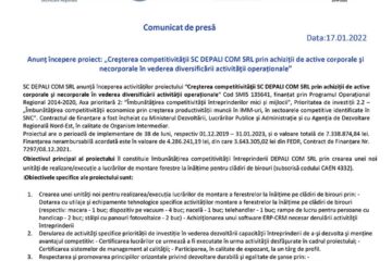Anunț începere proiect: „Creșterea competitivității SC DEPALI COM SRL prin achiziții de active corporale și necorporale în vederea diversificării activității operaționale”