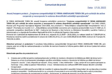 Anunț începere proiect: „Creșterea competitivității SC FIRMA AMENAJARE TEREN SRL prin achiziții de active corporale și necorporale în vederea diversificării activității operaționale”