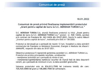 Comunicat de presă privind finalizarea implementării proiectului „Grant pentru capital de lucru la S.C. MERIDIAN TURISM S.A.”