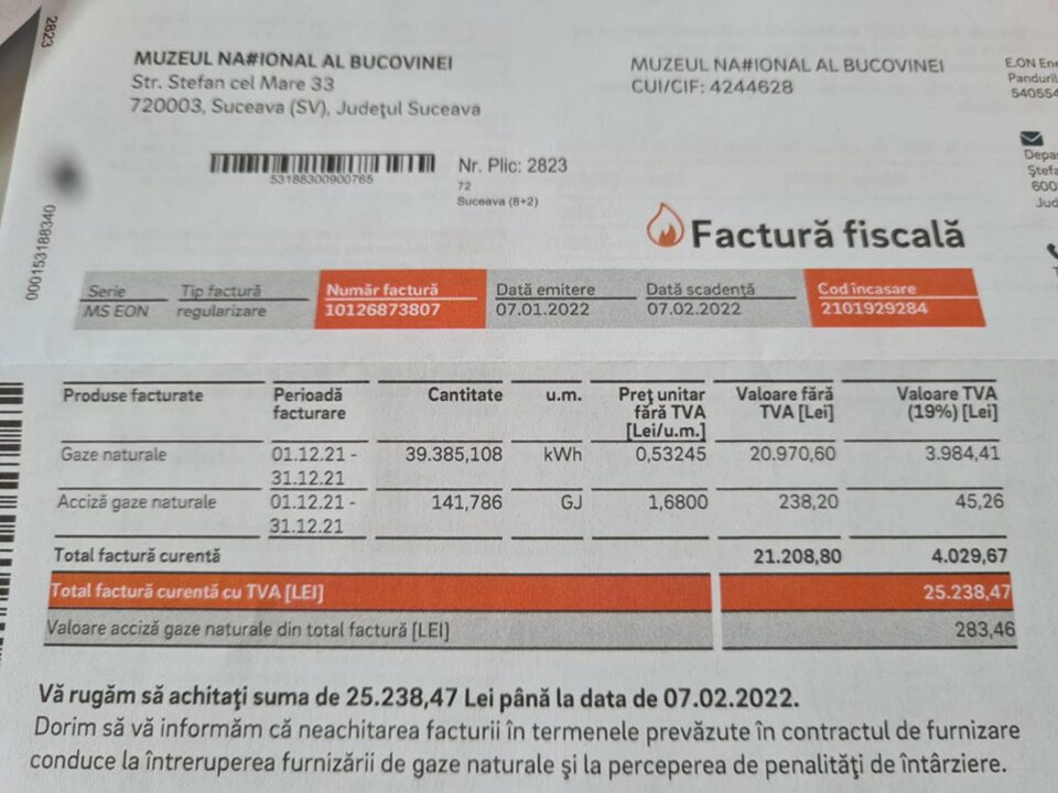 Factură de coșmar la gaz pentru Muzeul Național al Bucovinei: aproape 30.000 de euro