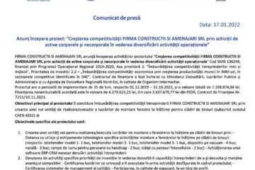 Anunț începere proiect: ”Creșterea competitivității FIRMA CONSTRUCTII SI AMENAJARI SRL prin achiziții de active corporale și necorporale în vederea diversificării activității operaționale”