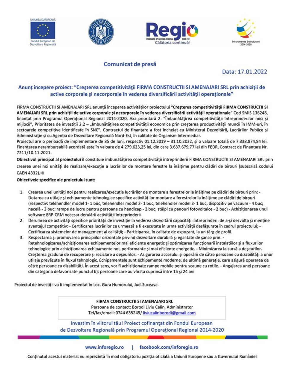 Anunț începere proiect: ”Creșterea competitivității FIRMA CONSTRUCTII SI AMENAJARI SRL prin achiziții de active corporale și necorporale în vederea diversificării activității operaționale”