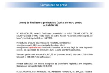 Anunț de finalizare a proiectului: Capital de lucru pentru ALCAROM SRL