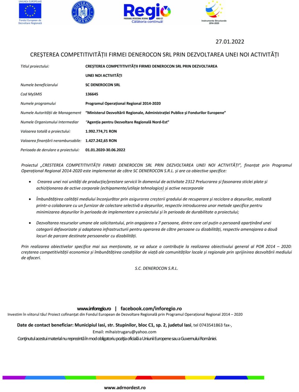 Comunicat de presă privind începerea implementării proiectului „Dezvoltarea și modernizarea activității societății GONBUILDING SRL prin achiziție de echipamente moderne și eco-eficiente”