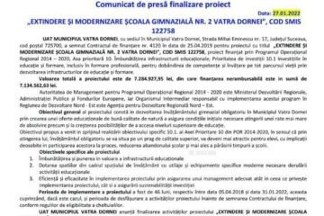 Comunicat de presă finalizare proiect „EXTINDERE ȘI MODERNIZARE ȘCOALA GIMNAZIALĂ NR. 2 VATRA DORNEI”, COD SMIS 122758