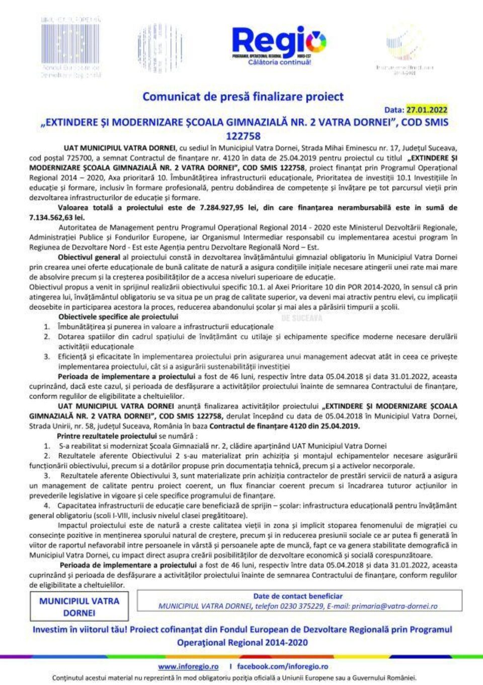 Comunicat de presă finalizare proiect „EXTINDERE ȘI MODERNIZARE ȘCOALA GIMNAZIALĂ NR. 2 VATRA DORNEI”, COD SMIS 122758