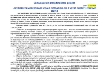 „EXTINDERE SI MODERNIZARE SCOALA GIMNAZIALA NR. 2 VATRA DORNEI”, COD SMIS 122758