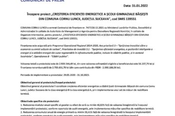 Începere proiect „CREȘTEREA EFICIENȚEI ENERGETICE A ȘCOLII GIMNAZIALE BĂIȘEȘTI DIN COMUNA CORNU LUNCII, JUDEȚUL SUCEAVA", cod SMIS 139551