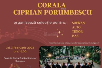 Corala „Ciprian Porumbescu” organizează selecții pentru formula de concert a ansamblului: sopran, alto, tenor, bariton/bas