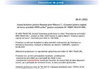 Anunț încheiere proiect finanțat prin Măsura 2 „ Granturi pentru capital de lucru acordate IMM-urilor” pentru societatea SC MRH TRANS SRL