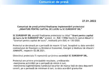 Comunicat de presă privind finalizarea implementării proiectului „GRANTURI PENTRU CAPITAL DE LUCRU la SC EURODIVIP SRL”