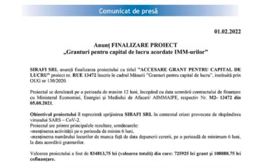 Anunț FINALIZARE PROIECT „Granturi pentru capital de lucru acordate IMM-urilor”