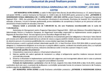 Comunicat de presă finalizare proiect „EXTINDERE ȘI MODERNIZARE ȘCOALA GIMNAZIALĂ NR. 2 VATRA DORNEI”, COD SMIS 122758