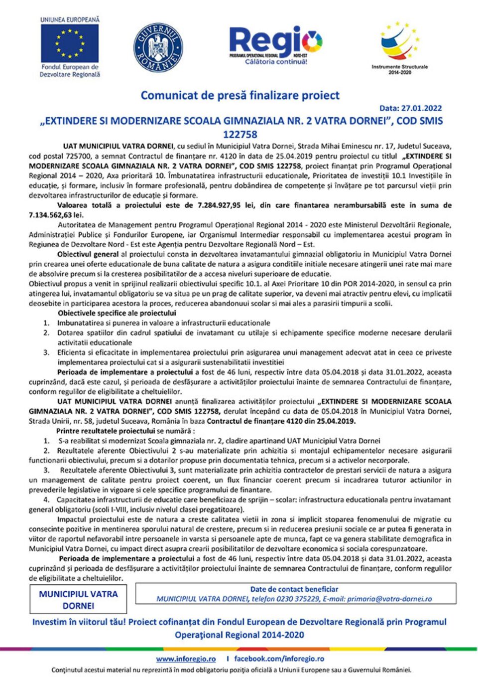 Comunicat de presă finalizare proiect „EXTINDERE ȘI MODERNIZARE ȘCOALA GIMNAZIALĂ NR. 2 VATRA DORNEI”, COD SMIS 122758