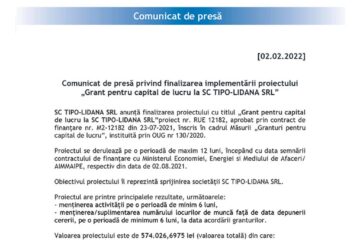 Comunicat de presă privind finalizarea implementării proiectului „Grant pentru capital de lucru la SC TIPO-LIDANA SRL”