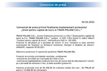 Comunicat de presa privind finalizarea implementarii proiectului „Grant pentru capital de lucru la TRANS POLAND S.R.L.”