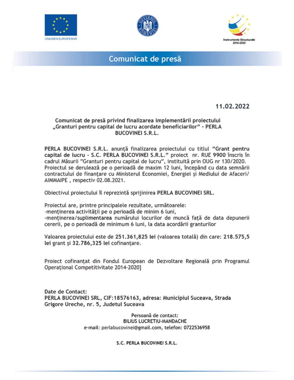 Comunicat de presă privind finalizarea implementării proiectului „Granturi pentru capital de lucru acordate beneficiarilor” – PERLA BUCOVINEI S.R.L.