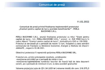 Comunicat de presă privind finalizarea implementării proiectului „Granturi pentru capital de lucru acordate beneficiarilor” – PERLA BUCOVINEI S.R.L.