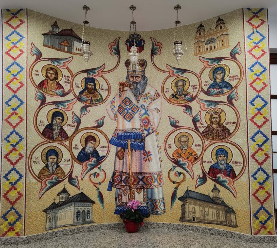 O compoziție artistică înfățișându-l pe Arhiepiscopul Pimen, în holul principal al Centrului Eparhial O compoziție artistică înfățișându-l pe Arhiepiscopul Pimen, în holul principal al Centrului Eparhial