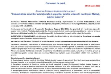 Anunț de începere implementare proiect “Îmbunătățirea serviciilor educaționale și a spațiilor publice urbane în municipiul Rădăuți, județul Suceava”