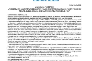 LA LANSAREA PROIECTULUI „PROIECT CU MAI MULTE ACTIUNI DE INVESTITII PRIVIND ÎNFIINTAREA MAI MULTOR PUNCTE PUBLICE CU TOALETE, DUSURI SI MASINI DE SPALAT ÎN PUNCTELE TERMICE 3, 4, 7 SI 8”