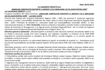 COMUNICAT DE PRESĂ LA LANSAREA PROIECTULUI „DEMOLARE CONSTRUCȚIE EXISTENTĂ C1 (DEPOZIT C3) ȘI AMPLASARE LOC DE JOACĂ PENTRU COPII”