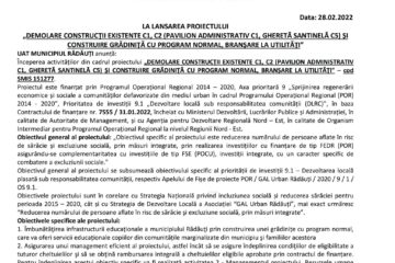 COMUNICAT DE PRESĂ LA LANSAREA PROIECTULUI „DEMOLARE CONSTRUCȚII EXISTENTE C1, C2 (PAVILION ADMINISTRATIV C1, GHERETĂ SANTINELĂ C5) ȘI CONSTRUIRE GRĂDINIȚĂ CU PROGRAM NORMAL, BRANȘARE LA UTILITĂȚI”