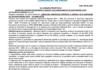 LA LANSAREA PROIECTULUI „DEMOLARE CONSTRUCȚIE EXISTENTĂ C1 (DEPOZIT C3) ȘI AMPLASARE LOC DE JOACĂ PENTRU COPII”
