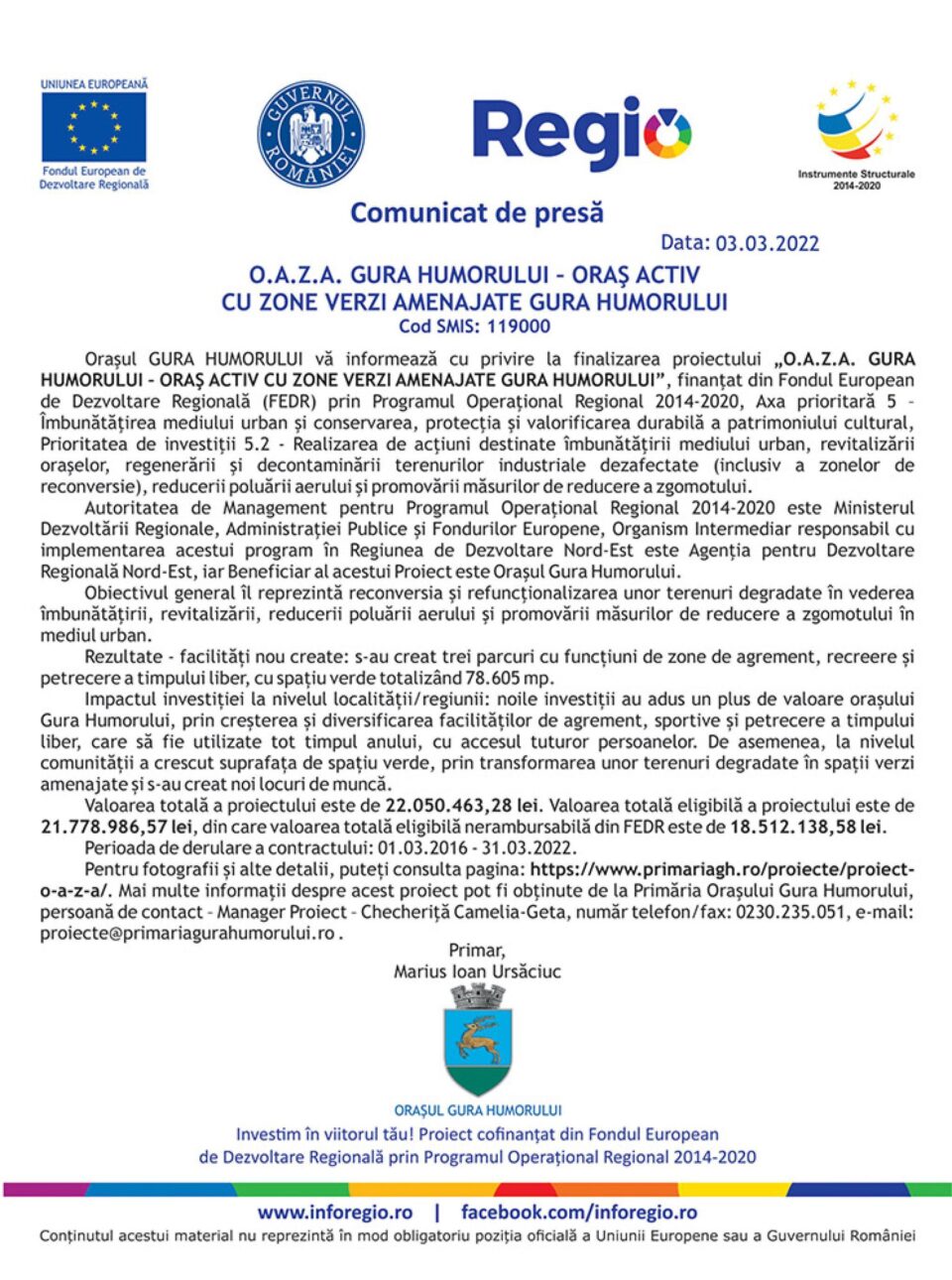 O.A.Z.A. GURA HUMORULUI – ORAȘ ACTIV CU ZONE VERZI AMENAJATE GURA HUMORULUI