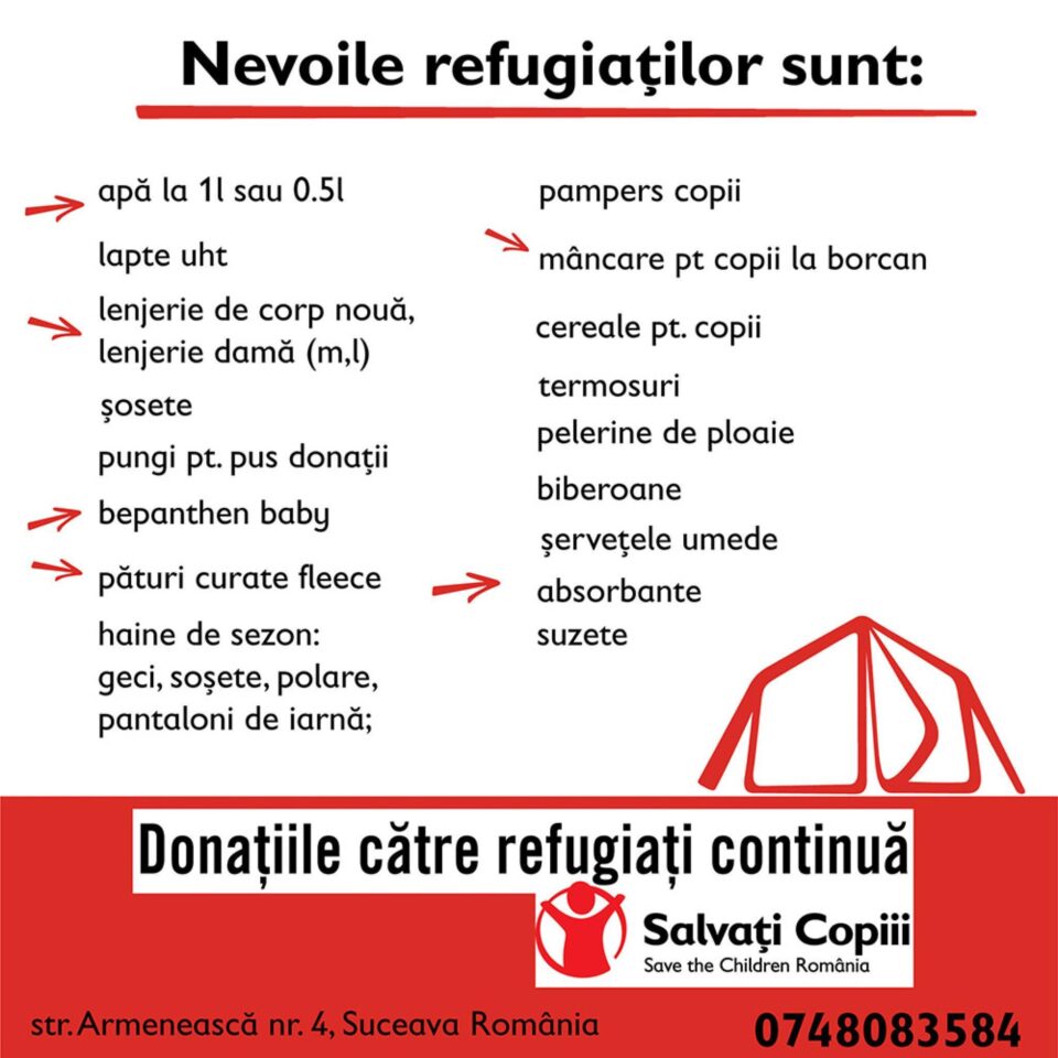 Puteți face donații pentru refugiații ucraineni în cadrul campaniei umanitare lansate de Salvați Copiii – Filiala Suceava